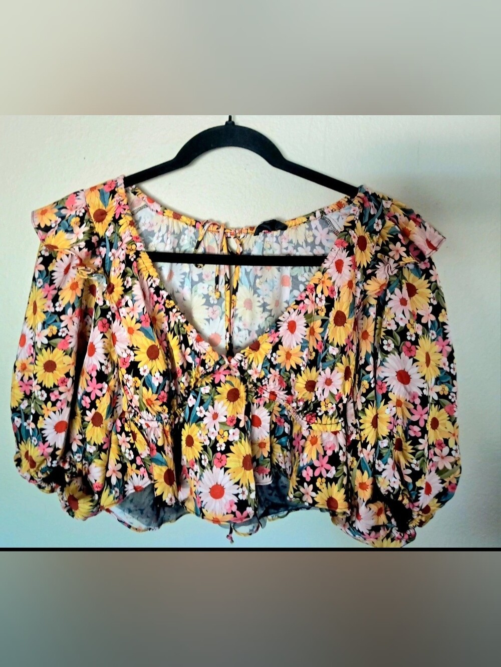For Love And Lemons Floral Puff-Sleeve Crop Top in Yellow, Pink & Black